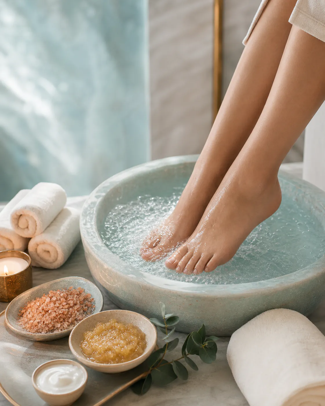 A serene luxury pedicure ritual with a bubbling foot bath, warm candle and spa treatments