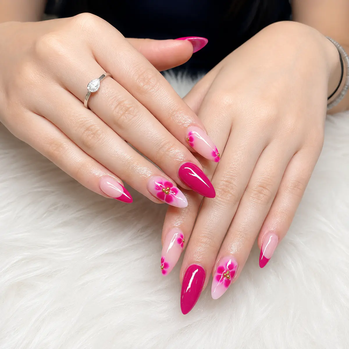 Bright pink floral almond nails