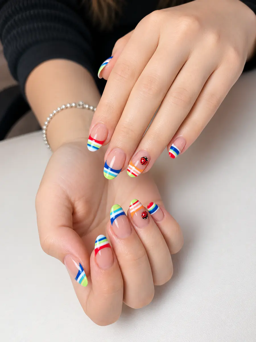 Rainbow French tips with ladybug art