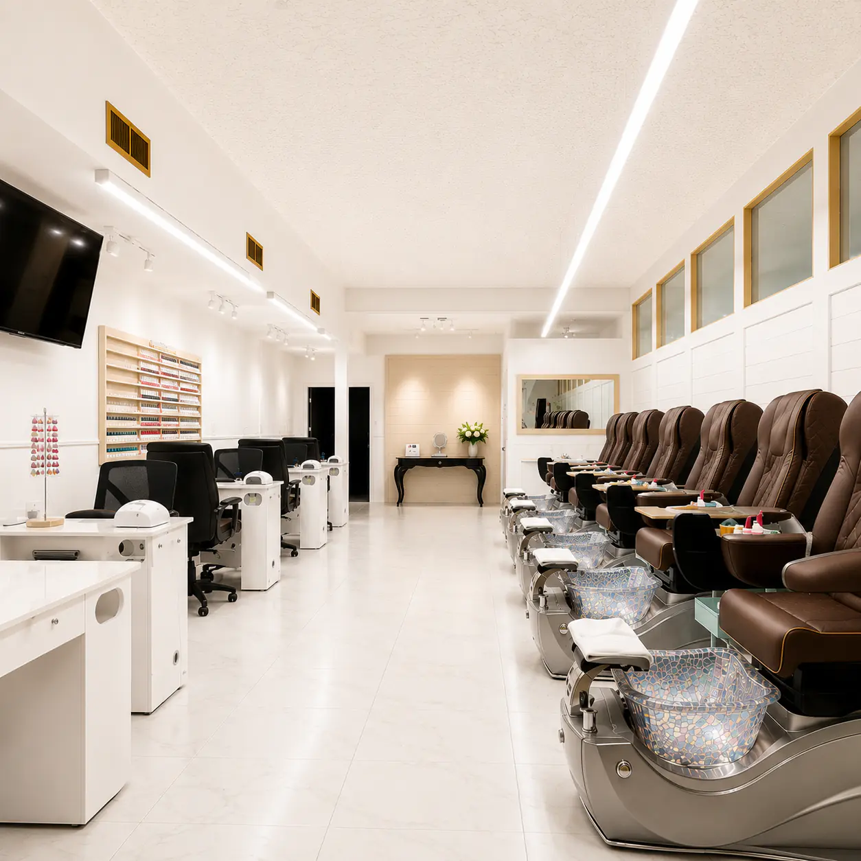 The bright, newly refreshed interior at Top Ten Nails Spa in Vernon